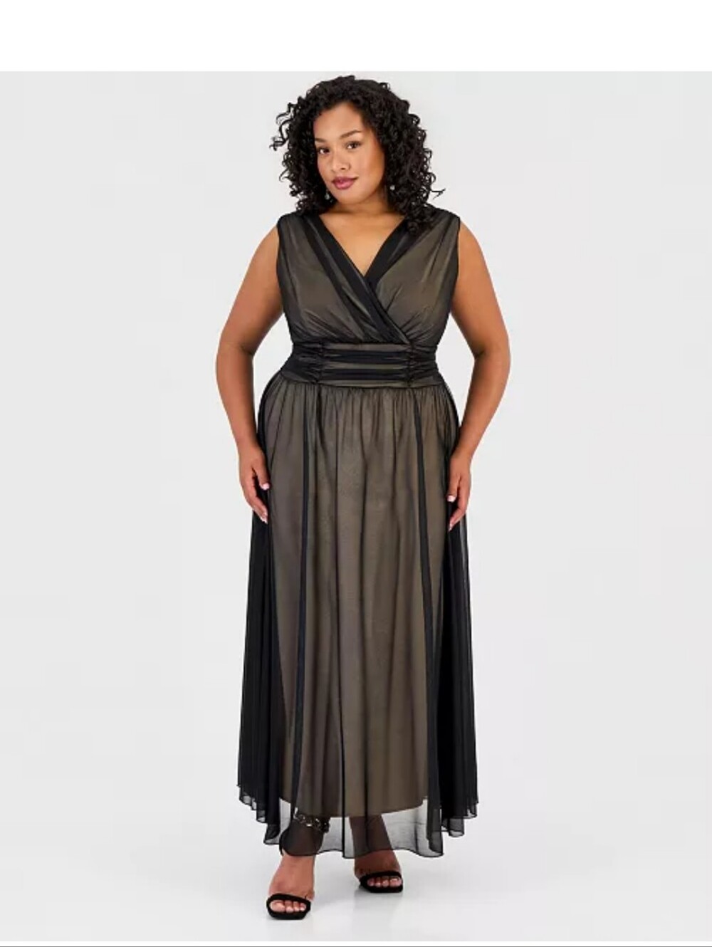 Connected Apparel NWT 16W Black Gold Ruched V Neck Cocktail Dress $99